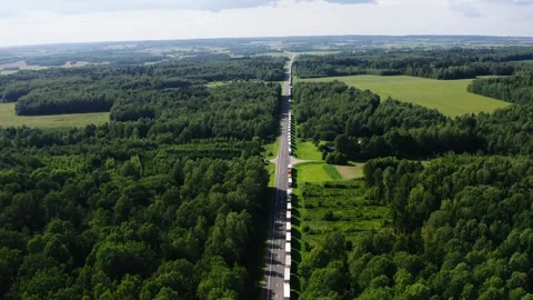 Large number of cargo trucks stuck in a long queue on a highway. Stock Footage 290404057
