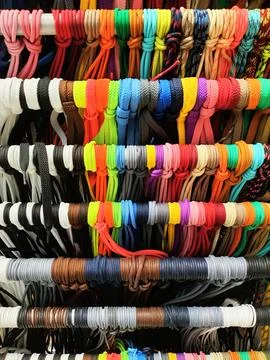 A large number of different laces in different colors for different types of Stock Photos