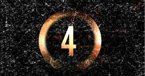 Large number four inside glowing circle on dark background with scattered sparks Foto stock