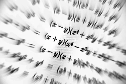 Large number of mathematical formulas focus zoom on a white background Stock Illustration