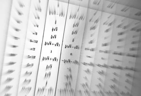 Large number of mathematical formulas focus zoom on a white background Stock Illustration