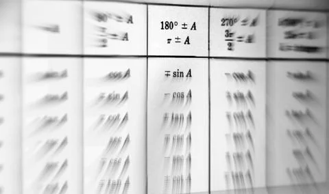 Large number of mathematical formulas focus zoom on a white background Stock Illustration