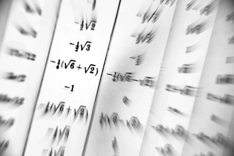 Large number of mathematical formulas focus zoom on a white background Illustrazione stock