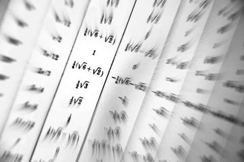 Large number of mathematical formulas focus zoom on a white background Illustrazione stock