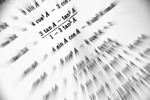 Large number of mathematical formulas focus zoom on a white background Stock Illustration