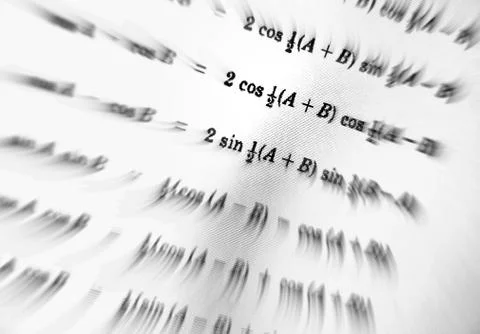 Large number of mathematical formulas focus zoom on a white background Illustrazione stock