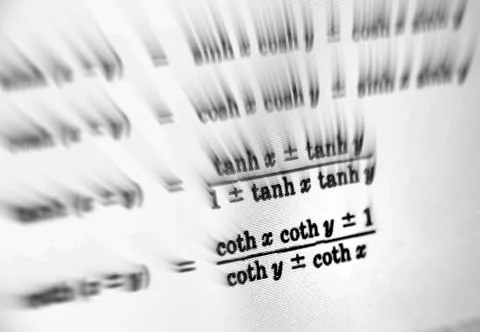 Large number of mathematical formulas focus zoom on a white background Stock Illustration