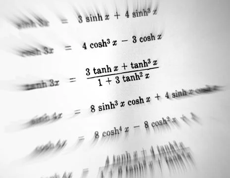 Large number of mathematical formulas focus zoom on a white background Illustrazione stock