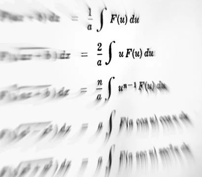 Large number of mathematical formulas focus zoom on a white background Stock Illustration