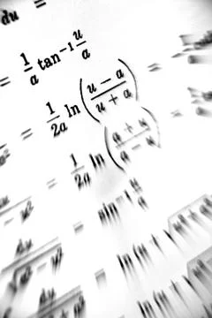Large number of mathematical formulas focus zoom on a white background Stock Illustration
