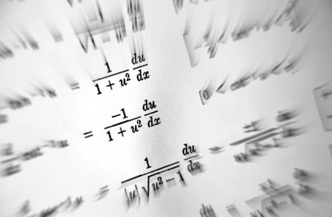 Large number of mathematical formulas focus zoom on a white background Stock Illustration