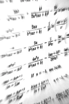 Large number of mathematical formulas focus zoom on a white background Stock Illustration