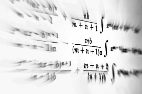 Large number of mathematical formulas focus zoom on a white background Stock Illustration