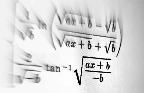 Large number of mathematical formulas focus zoom on a white background Stock Illustration