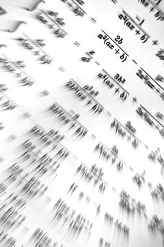 Large number of mathematical formulas focus zoom on a white background Stock Illustration