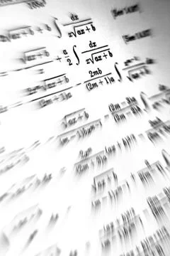 Large number of mathematical formulas focus zoom on a white background Stock Illustration