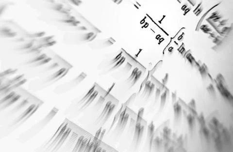 Large number of mathematical formulas focus zoom on a white background Stock Illustration