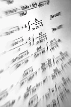 Large number of mathematical formulas focus zoom on a white background Stock Illustration