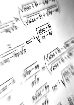 Large number of mathematical formulas focus zoom on a white background Stock Illustration
