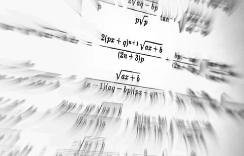 Large number of mathematical formulas focus zoom on a white background Stock Illustration