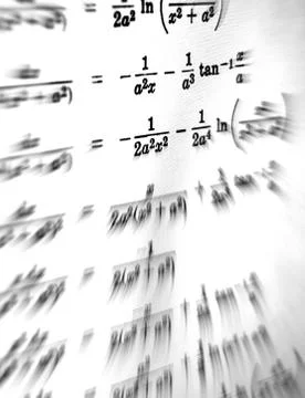 Large number of mathematical formulas focus zoom on a white background Stock Illustration