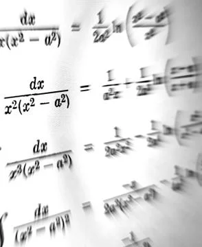 Large number of mathematical formulas focus zoom on a white background Stock Illustration