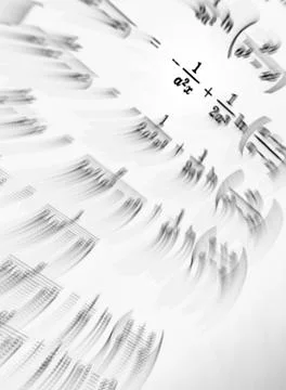 Large number of mathematical formulas focus zoom on a white background Stock Illustration
