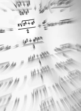 Large number of mathematical formulas focus zoom on a white background Stock Illustration