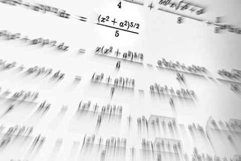Large number of mathematical formulas focus zoom on a white background Stock Illustration