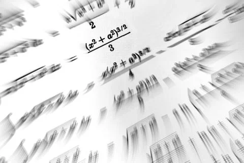 Large number of mathematical formulas focus zoom on a white background Stock Illustration