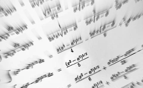 Large number of mathematical formulas focus zoom on a white background Stock Illustration