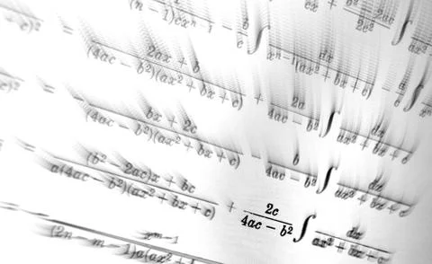 Large number of mathematical formulas focus zoom on a white background Stock Illustration