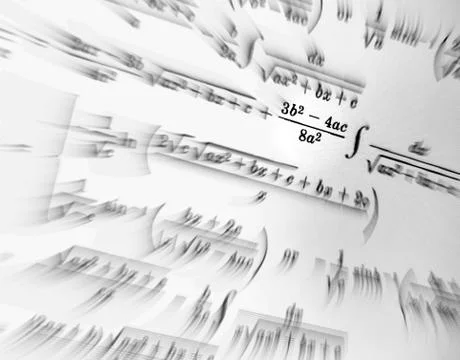 Large number of mathematical formulas focus zoom on a white background Stock Illustration
