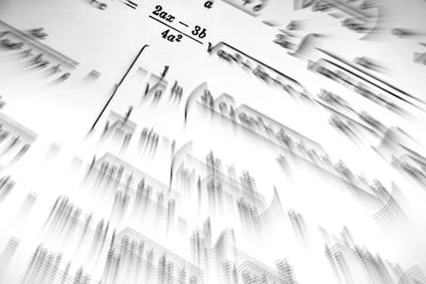 Large number of mathematical formulas focus zoom on a white background Stock Illustration
