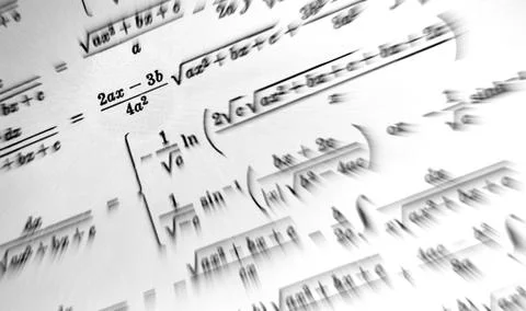 Large number of mathematical formulas focus zoom on a white background Stock Illustration