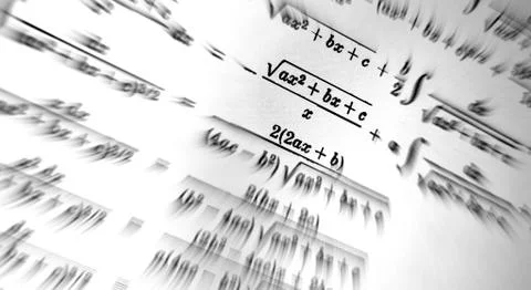 Large number of mathematical formulas focus zoom on a white background Illustrazione stock