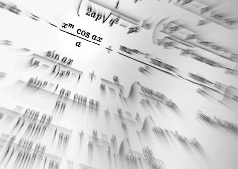 Large number of mathematical formulas focus zoom on a white background Stock Illustration