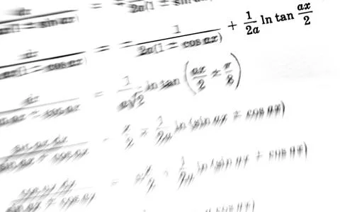 Large number of mathematical formulas focus zoom on a white background Stock Illustration