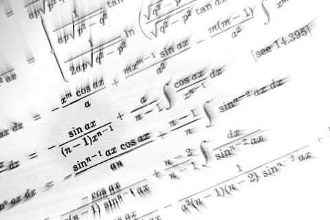 Large number of mathematical formulas focus zoom on a white background Illustrazione stock