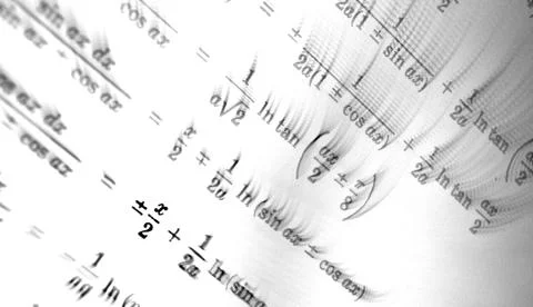 Large number of mathematical formulas focus zoom on a white background Stock Illustration