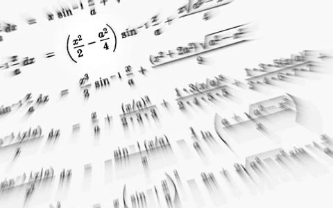Large number of mathematical formulas focus zoom on a white background Stock Illustration