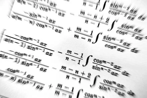 Large number of mathematical formulas focus zoom on a white background Stock Illustration