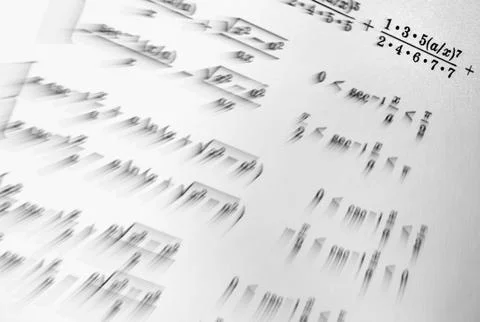 Large number of mathematical formulas focus zoom on a white background Illustrazione stock