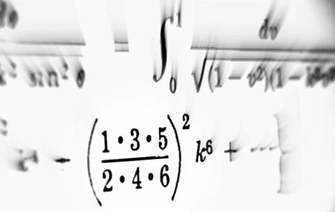 Large number of mathematical formulas focus zoom on a white background Illustrazione stock