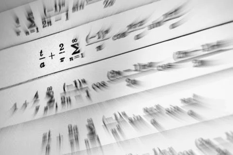 Large number of mathematical formulas focus zoom on a white background Stock Illustration