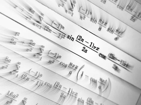 Large number of mathematical formulas focus zoom on a white background Stock Illustration