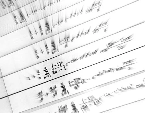 Large number of mathematical formulas focus zoom on a white background Stock Illustration