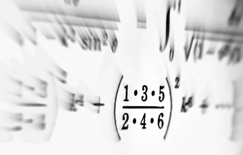 Large number of mathematical formulas focus zoom on a white background Stock Illustration