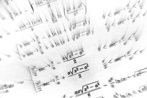 Large number of mathematical formulas focus zoom on a white background Stock Illustration