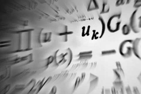 Large number of mathematical formulas focus zoom on a white background Stock Illustration